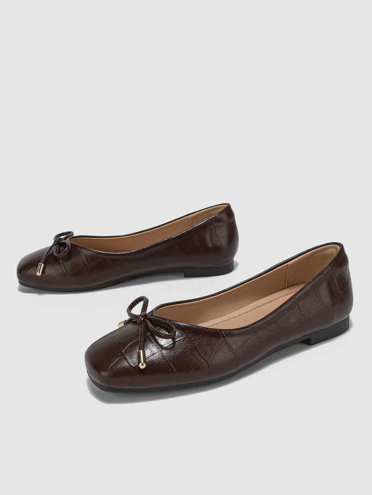 2025 Autumn Elegant Brown Ballet Shoes For Women, Crocodile Embossed Bow Decor Square Toe Flats - Image 1