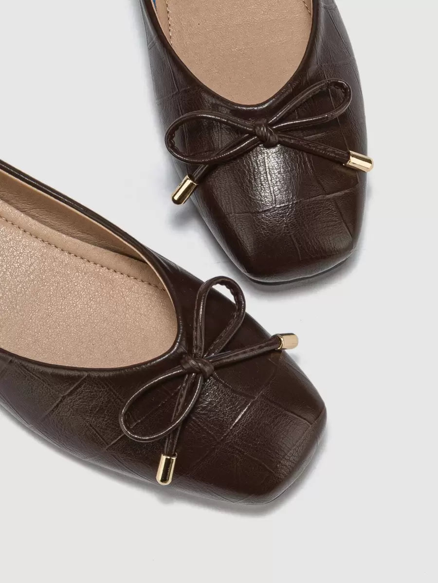 2025 Autumn Elegant Brown Ballet Shoes For Women, Crocodile Embossed Bow Decor Square Toe Flats - Image 2