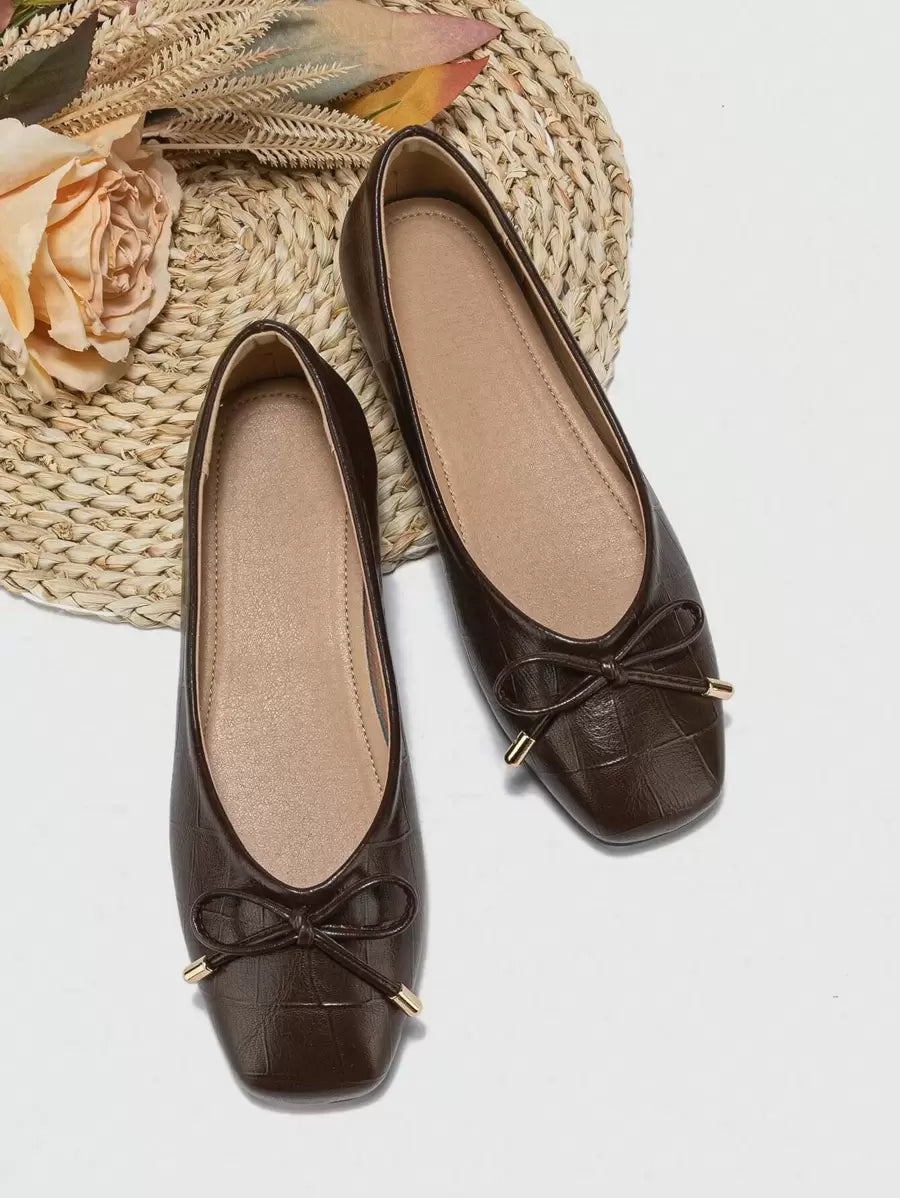 2025 Autumn Elegant Brown Ballet Shoes For Women, Crocodile Embossed Bow Decor Square Toe Flats - Image 5