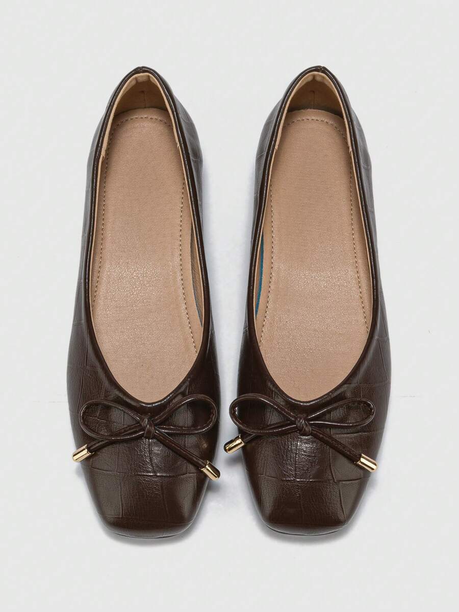 2025 Autumn Elegant Brown Ballet Shoes For Women, Crocodile Embossed Bow Decor Square Toe Flats - Image 6