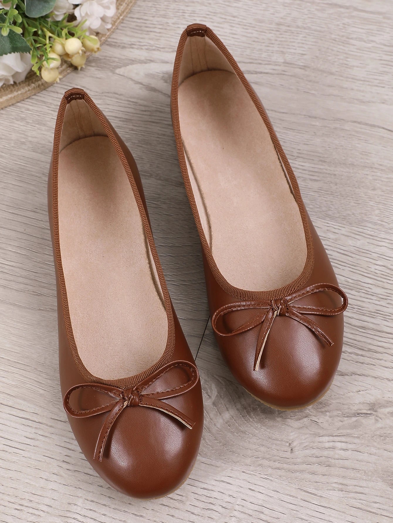 Women's Brown Ballet Flat Shoes, Low-Top Soft Sole Comfortable Lightweight Bow-Knot Granny Style Fashion Work & Casual Shoes, Spring/Autumn