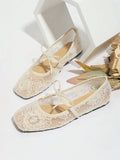 Women's White Ballet Flats With Bow Decor, Flower Embroidery, Breathable Mesh Vamp, Square Toe, Suitable For Wide Or Plump Feet, Summer Mary Jane Shoes - Image 1