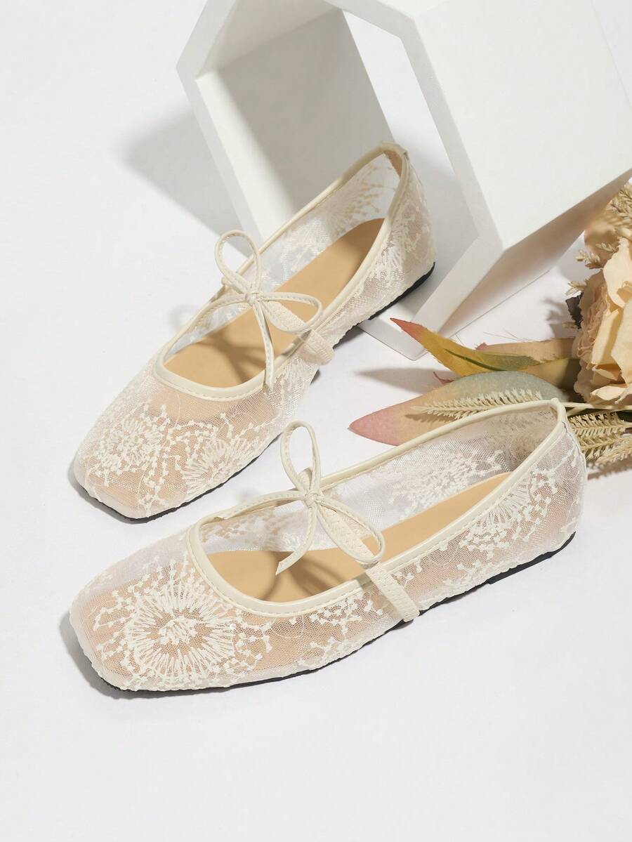 Women's White Ballet Flats With Bow Decor, Flower Embroidery, Breathable Mesh Vamp, Square Toe, Suitable For Wide Or Plump Feet, Summer Mary Jane Shoes - Image 1