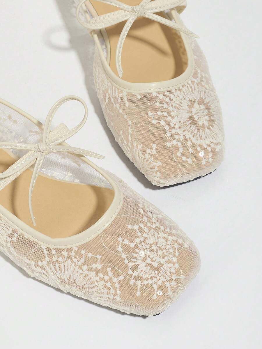 Women's White Ballet Flats With Bow Decor, Flower Embroidery, Breathable Mesh Vamp, Square Toe, Suitable For Wide Or Plump Feet, Summer Mary Jane Shoes - Image 2
