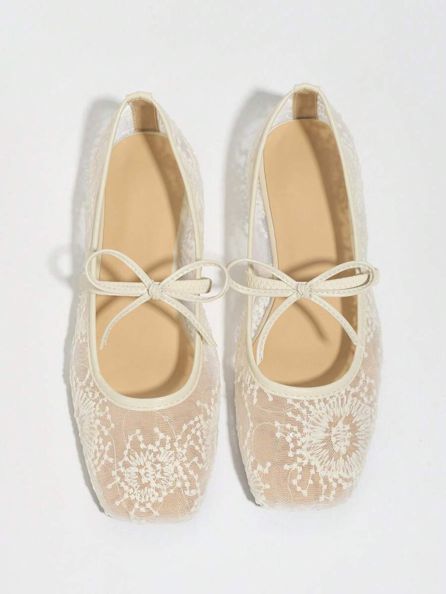 Women's White Ballet Flats With Bow Decor, Flower Embroidery, Breathable Mesh Vamp, Square Toe, Suitable For Wide Or Plump Feet, Summer Mary Jane Shoes - Image 4