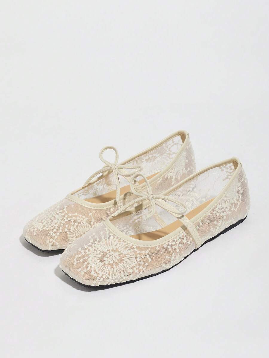 Women's White Ballet Flats With Bow Decor, Flower Embroidery, Breathable Mesh Vamp, Square Toe, Suitable For Wide Or Plump Feet, Summer Mary Jane Shoes - Image 5