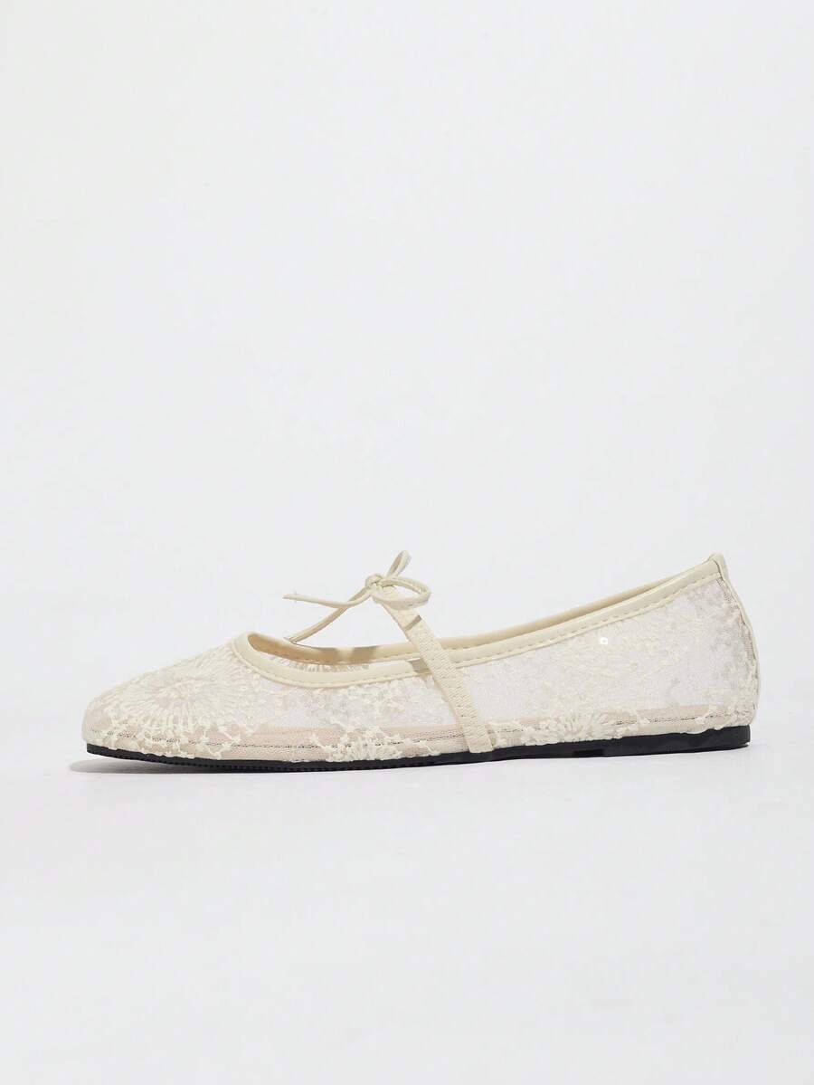 Women's White Ballet Flats With Bow Decor, Flower Embroidery, Breathable Mesh Vamp, Square Toe, Suitable For Wide Or Plump Feet, Summer Mary Jane Shoes - Image 6