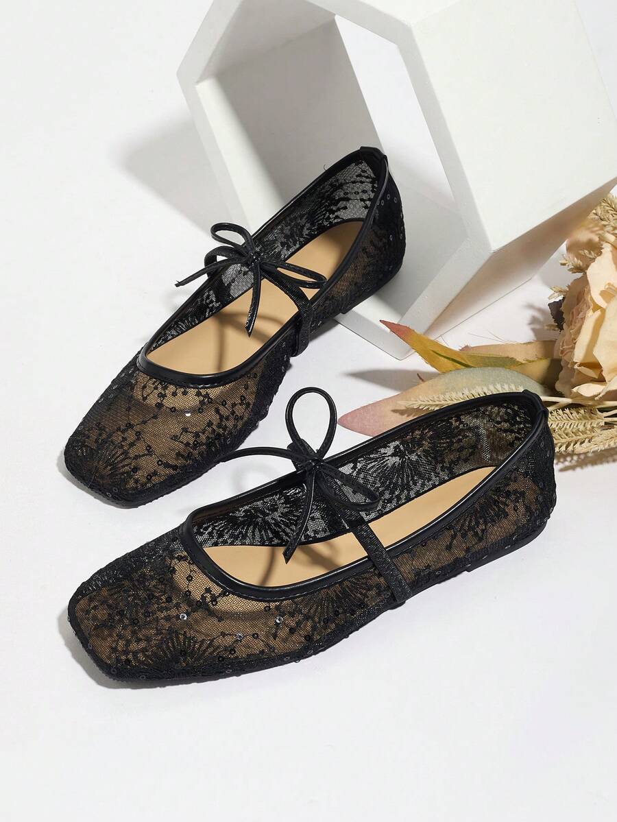 Black Flat Ballet Flats For Women, Featuring Bow, Flower Embroidery Decor, Breathable Mesh, Square Toe, Glitter, Suitable For Wide/Plus Size Feet, Summer - Image 1