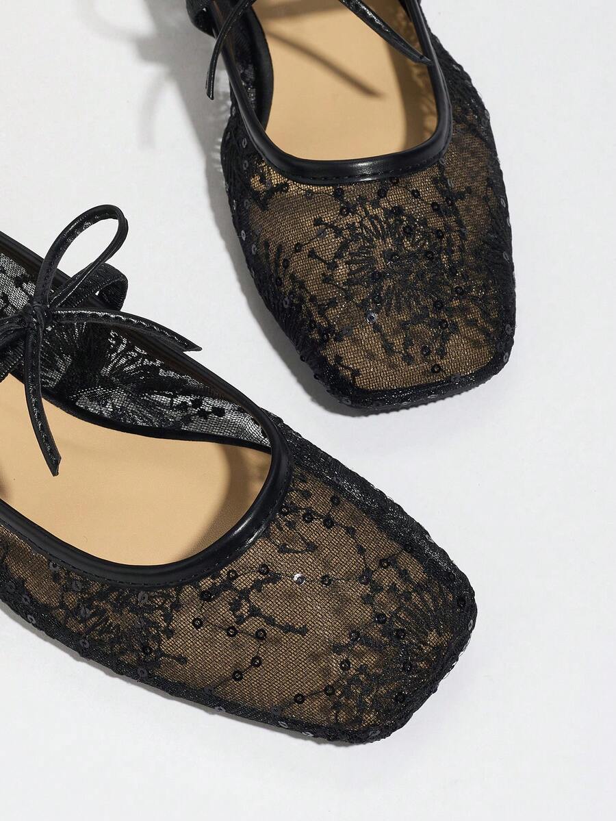 Black Flat Ballet Flats For Women, Featuring Bow, Flower Embroidery Decor, Breathable Mesh, Square Toe, Glitter, Suitable For Wide/Plus Size Feet, Summer - Image 2