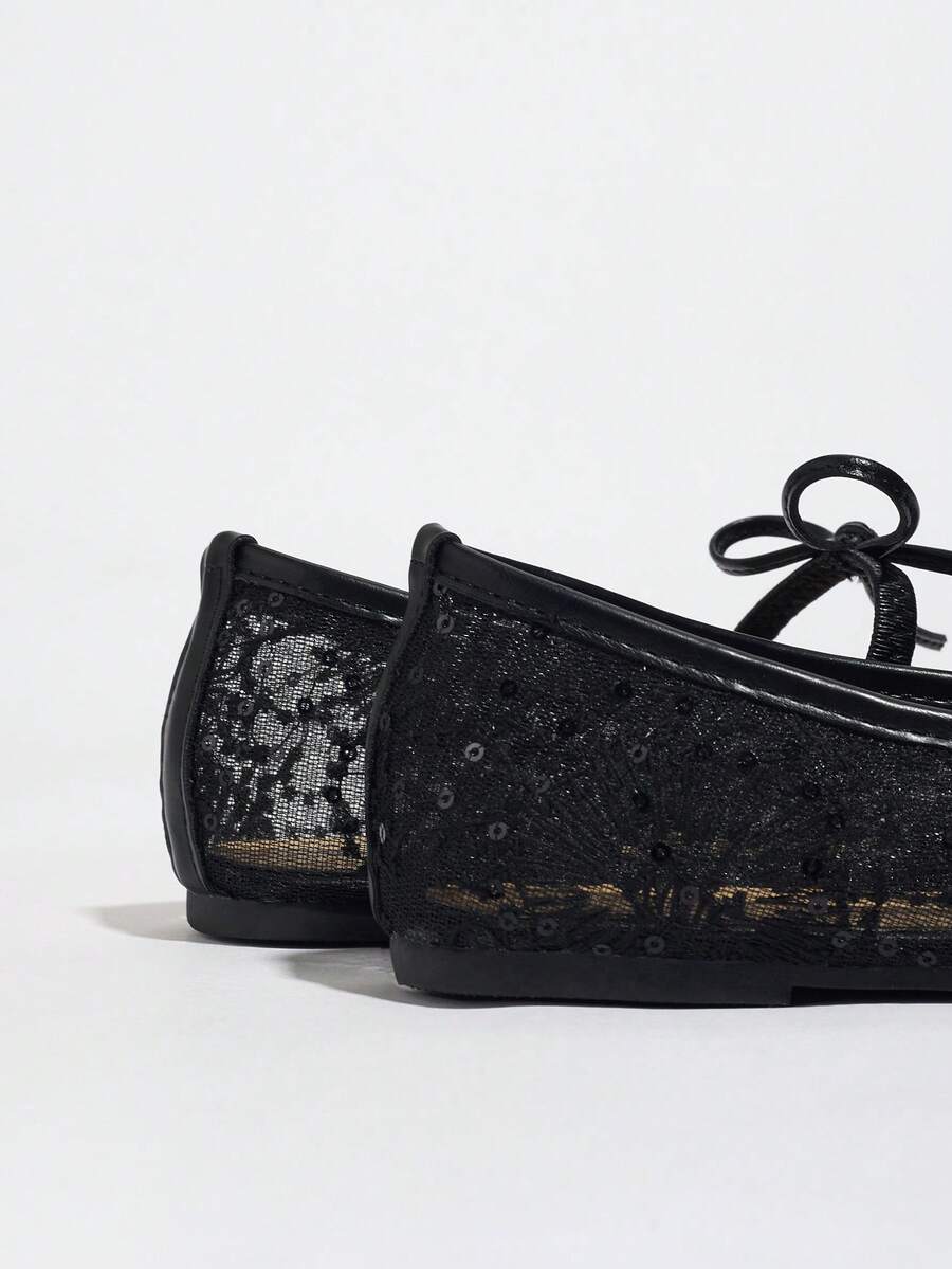 Black Flat Ballet Flats For Women, Featuring Bow, Flower Embroidery Decor, Breathable Mesh, Square Toe, Glitter, Suitable For Wide/Plus Size Feet, Summer - Image 3