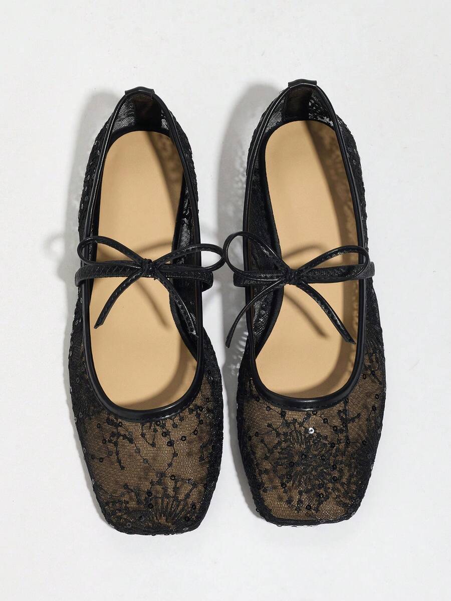 Black Flat Ballet Flats For Women, Featuring Bow, Flower Embroidery Decor, Breathable Mesh, Square Toe, Glitter, Suitable For Wide/Plus Size Feet, Summer - Image 4