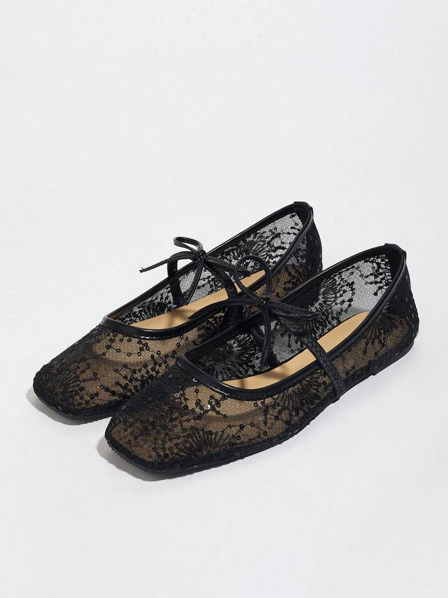 Black Flat Ballet Flats For Women, Featuring Bow, Flower Embroidery Decor, Breathable Mesh, Square Toe, Glitter, Suitable For Wide/Plus Size Feet, Summer - Image 5