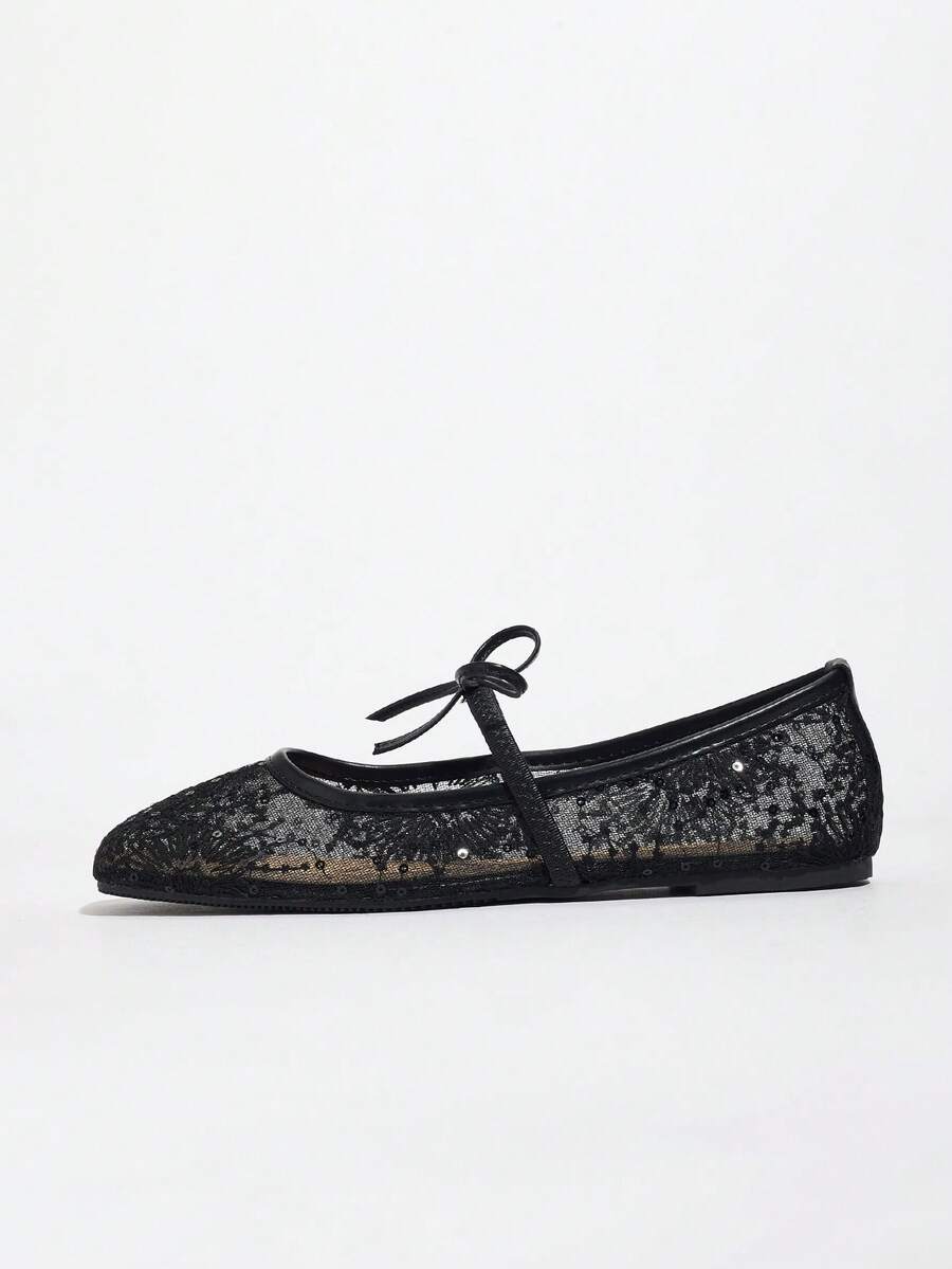 Black Flat Ballet Flats For Women, Featuring Bow, Flower Embroidery Decor, Breathable Mesh, Square Toe, Glitter, Suitable For Wide/Plus Size Feet, Summer - Image 6
