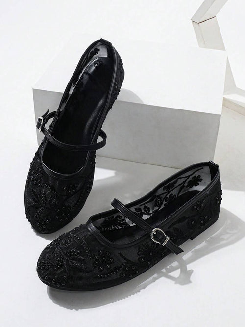 2025 Autumn Women's Round Toe Mesh Ballet Flats, Embroidered Floral & Pearl Decor Design, Elegant Minimalist Breathable Retro Mary Jane Slip-On Style - Image 2