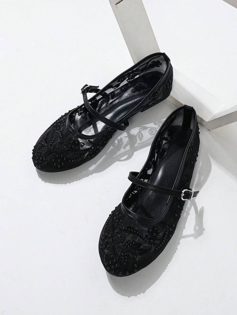 2025 Autumn Women's Round Toe Mesh Ballet Flats, Embroidered Floral & Pearl Decor Design, Elegant Minimalist Breathable Retro Mary Jane Slip-On Style - Image 6