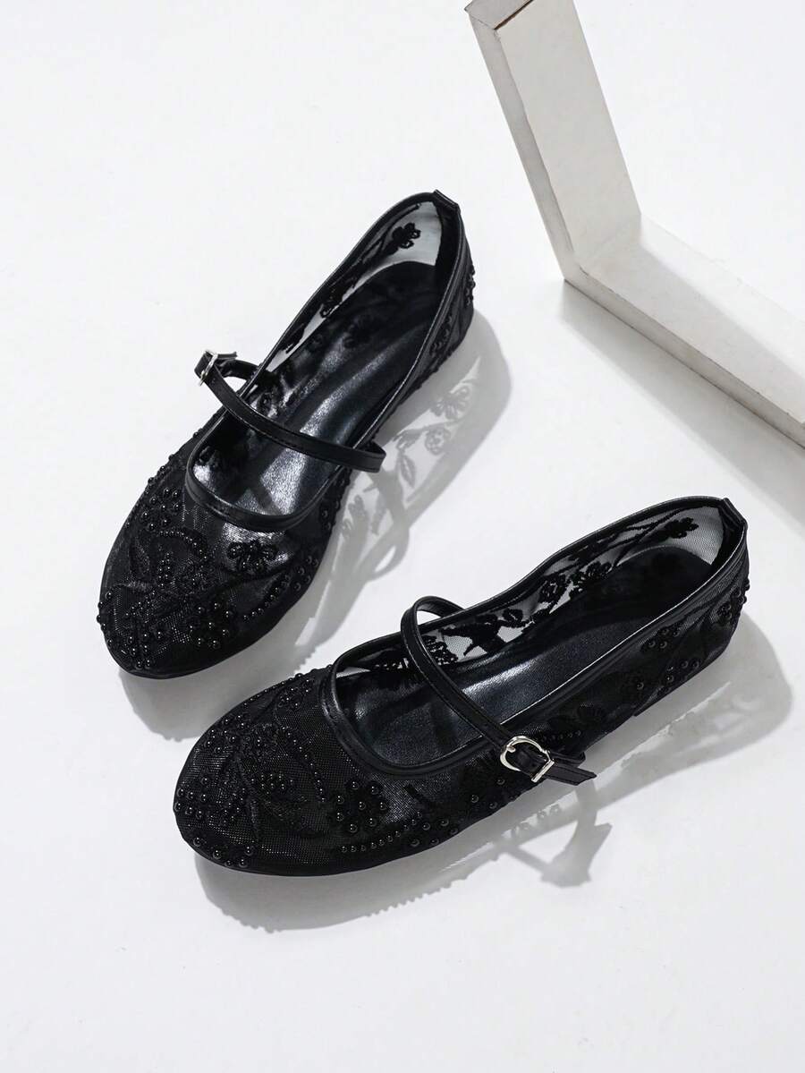 2025 Autumn Women's Round Toe Mesh Ballet Flats, Embroidered Floral & Pearl Decor Design, Elegant Minimalist Breathable Retro Mary Jane Slip-On Style - Image 7