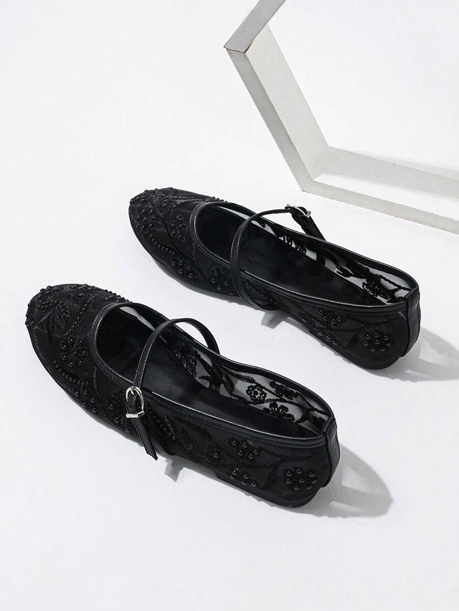 2025 Autumn Women's Round Toe Mesh Ballet Flats, Embroidered Floral & Pearl Decor Design, Elegant Minimalist Breathable Retro Mary Jane Slip-On Style - Image 3
