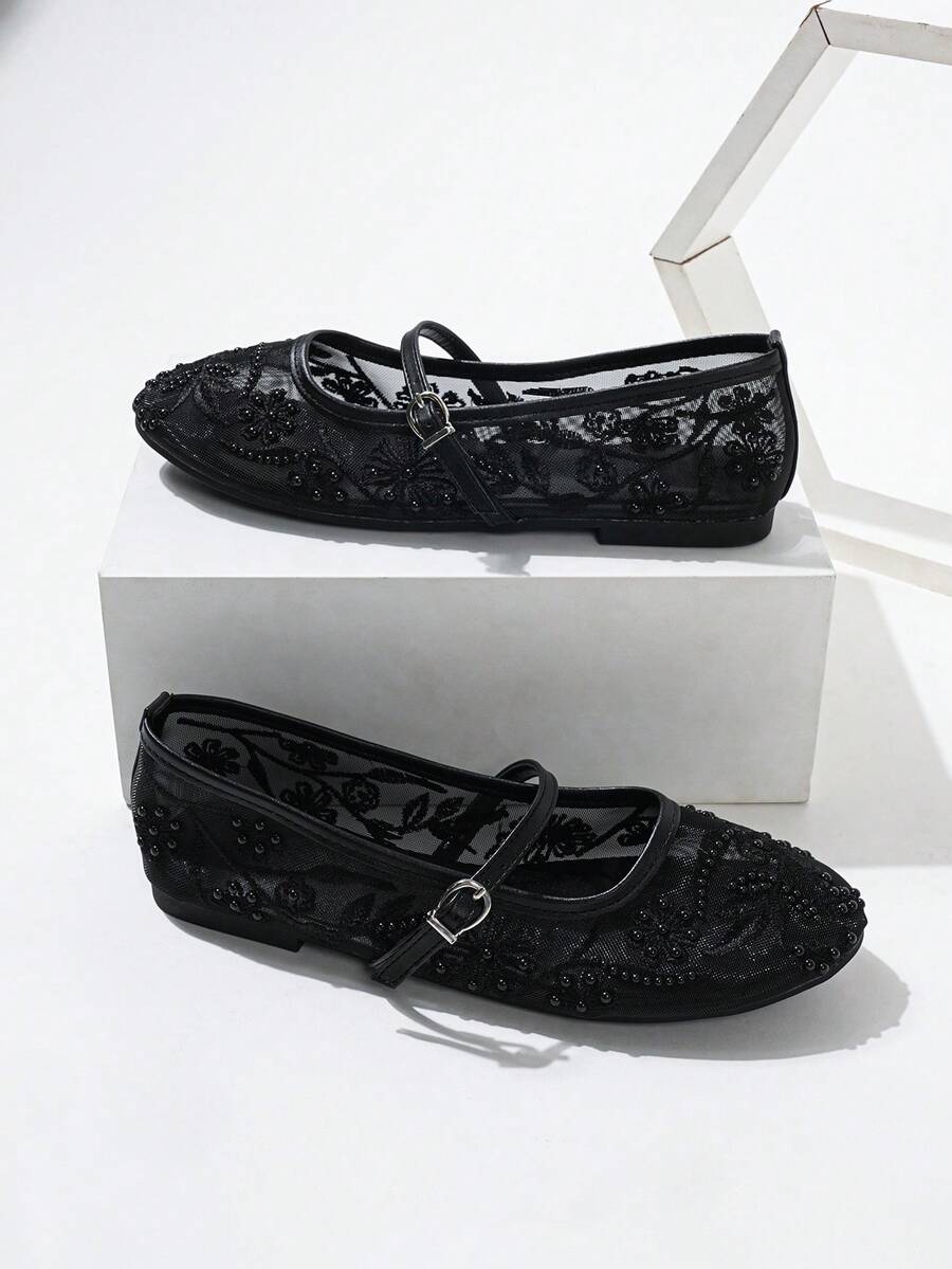 2025 Autumn Women's Round Toe Mesh Ballet Flats, Embroidered Floral & Pearl Decor Design, Elegant Minimalist Breathable Retro Mary Jane Slip-On Style - Image 1
