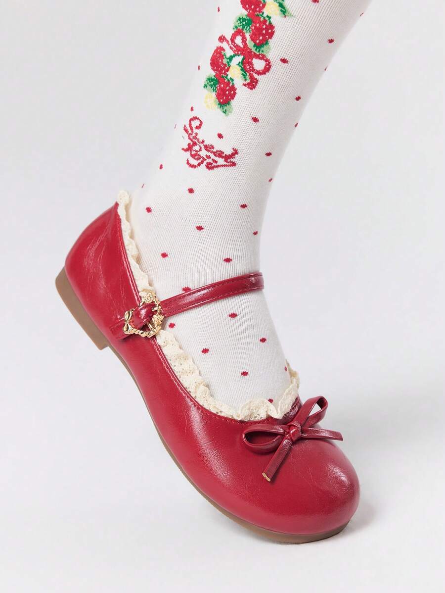 ROMWE Kawaii Women's Red Mary Jane Loafers, Closed Toe, Bow Lace Lolita Ballet Flats For Christmas Y2K 2000s Style - Image 3
