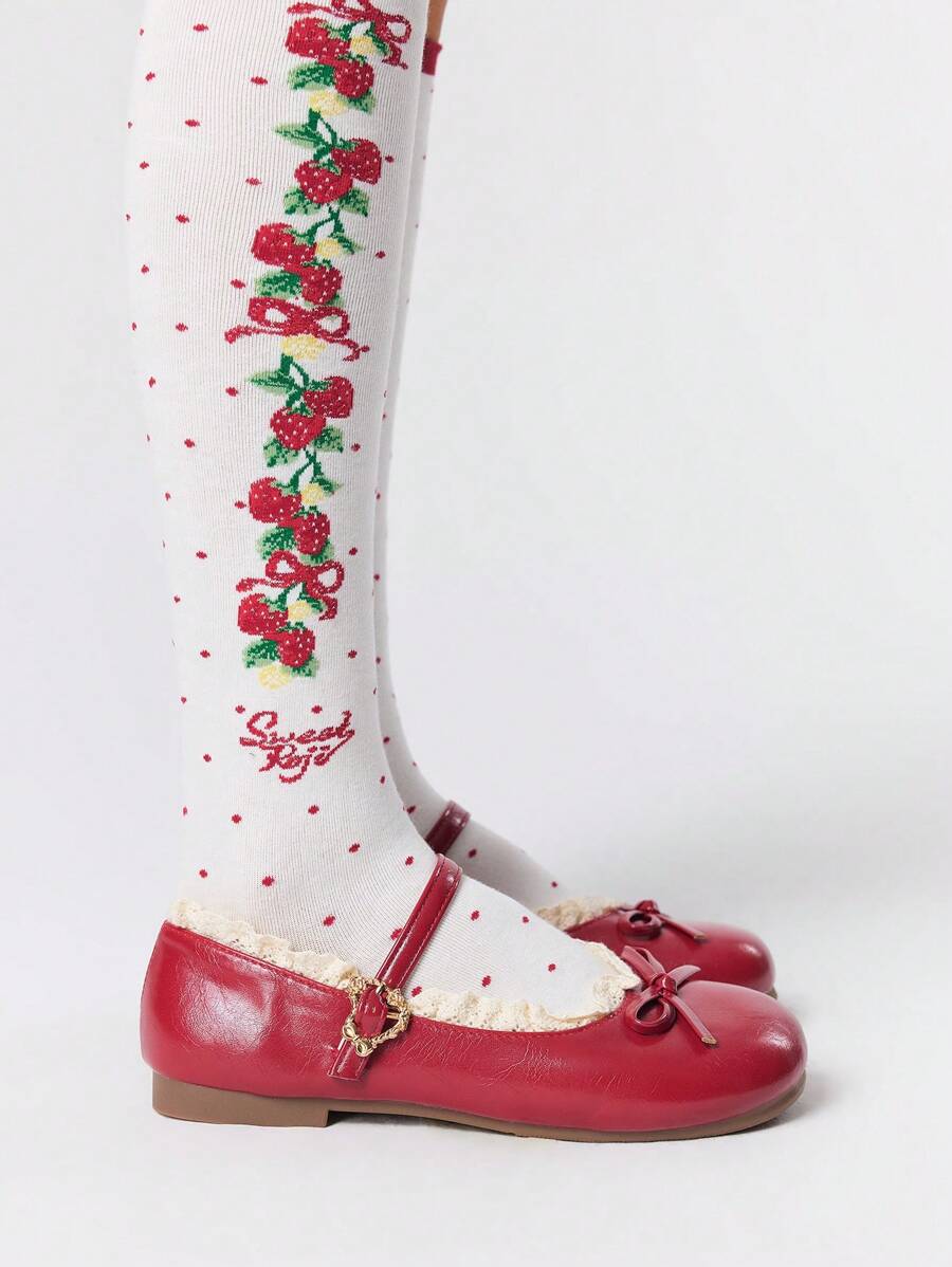 ROMWE Kawaii Women's Red Mary Jane Loafers, Closed Toe, Bow Lace Lolita Ballet Flats For Christmas Y2K 2000s Style - Image 4