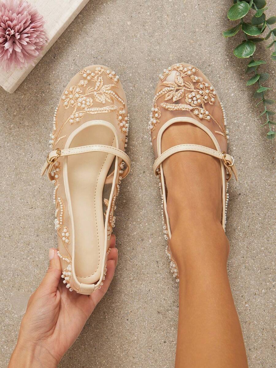 2025 Autumn Women's Round Toe Mesh Ballet Flats, Embroidered Floral & Pearl Decor Design, Elegant Minimalist Breathable Retro Mary Jane Slip-On Style - Image 14