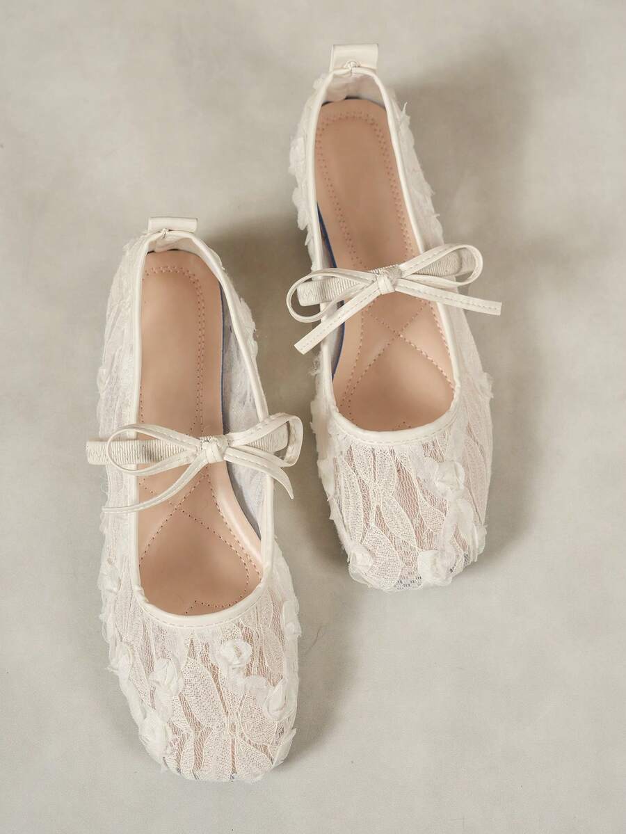 Fall/Winter White Women's Flat Ballet Shoes With Bow Decor & Floral Embroidery, Square Toe Glitter Wide Fit Mary Jane Shoes - Image 4