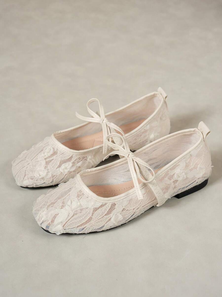 Fall/Winter White Women's Flat Ballet Shoes With Bow Decor & Floral Embroidery, Square Toe Glitter Wide Fit Mary Jane Shoes - Image 5