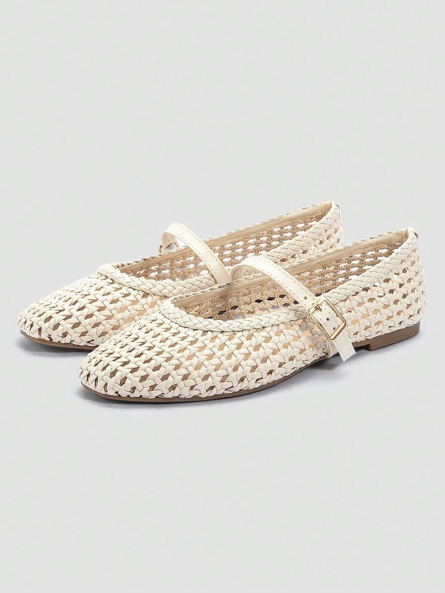 ADAMUMU Oversized Women's Fashion Handmade PU Woven High-End Mary Jane Ballet Shoes With Single Strap And Metal Buckle, Breathable Woven Design, Comfortable Flat Shoes For Daily Commute / Vacation Casual Wear, Ballet Core - Image 2