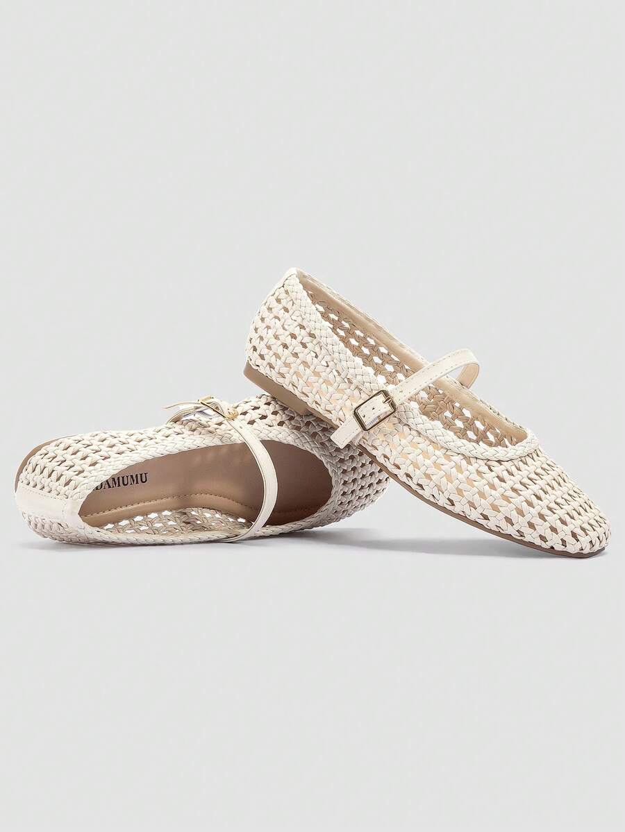 ADAMUMU Oversized Women's Fashion Handmade PU Woven High-End Mary Jane Ballet Shoes With Single Strap And Metal Buckle, Breathable Woven Design, Comfortable Flat Shoes For Daily Commute / Vacation Casual Wear, Ballet Core - Image 3