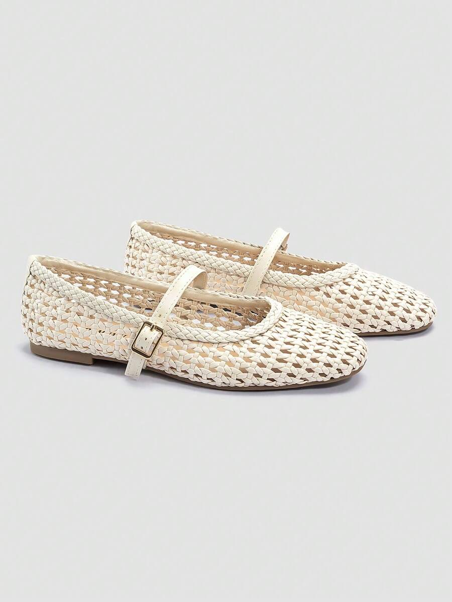 ADAMUMU Oversized Women's Fashion Handmade PU Woven High-End Mary Jane Ballet Shoes With Single Strap And Metal Buckle, Breathable Woven Design, Comfortable Flat Shoes For Daily Commute / Vacation Casual Wear, Ballet Core - Image 4