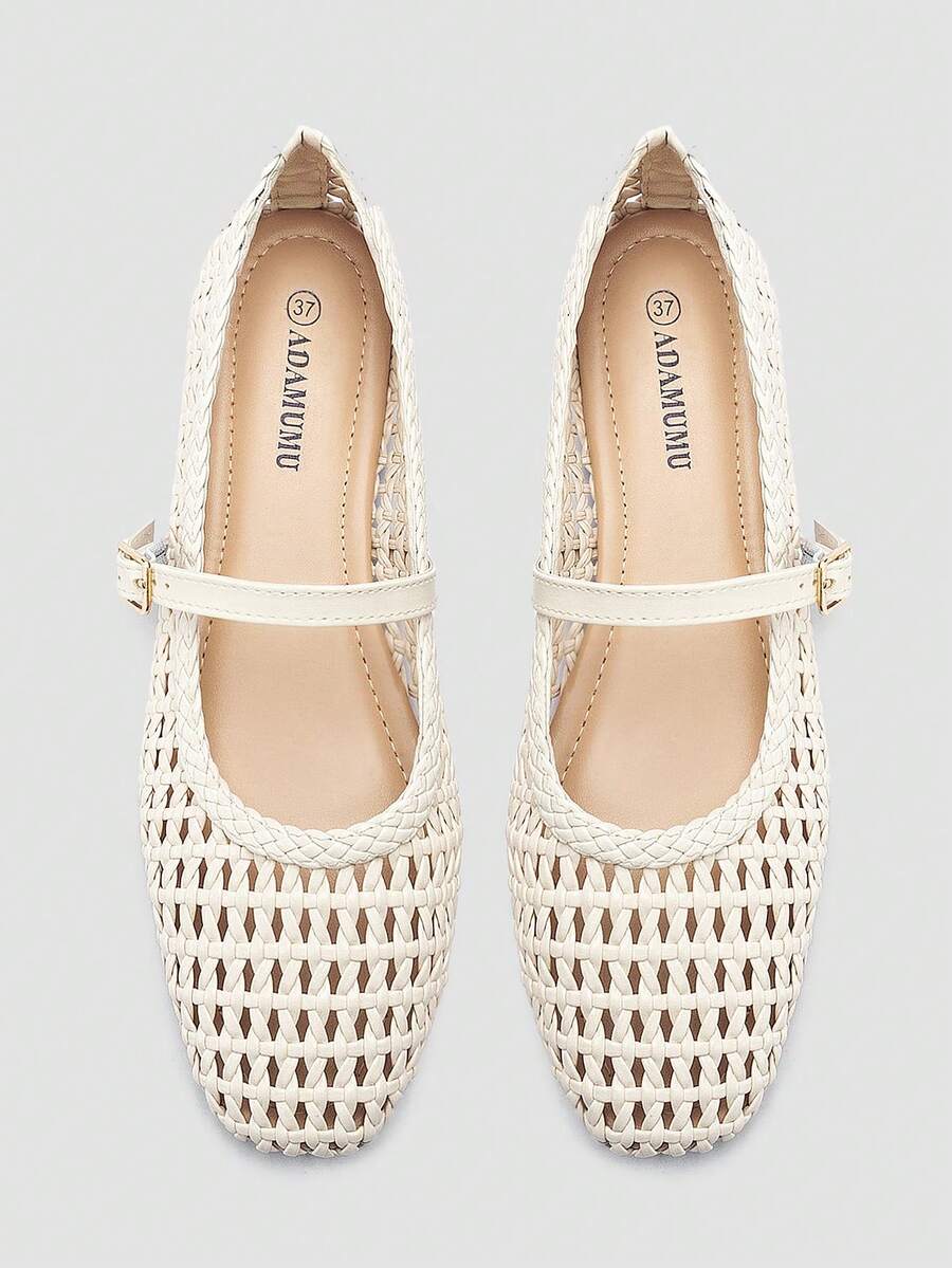 ADAMUMU Oversized Women's Fashion Handmade PU Woven High-End Mary Jane Ballet Shoes With Single Strap And Metal Buckle, Breathable Woven Design, Comfortable Flat Shoes For Daily Commute / Vacation Casual Wear, Ballet Core - Image 1