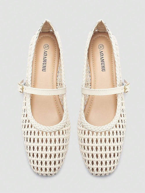 ADAMUMU Oversized Women's Fashion Handmade PU Woven High-End Mary Jane Ballet Shoes With Single Strap And Metal Buckle, Breathable Woven Design, Comfortable Flat Shoes For Daily Commute / Vacation Casual Wear, Ballet Core - Image 1