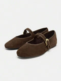 Women's Flat Shoes, Retro Ballet Style, Comfortable Low Heel Flat Shoes, Strap Buckle Suede Mary Jane Flat Shoes, Brown,Mothers Day Gift - Image 1
