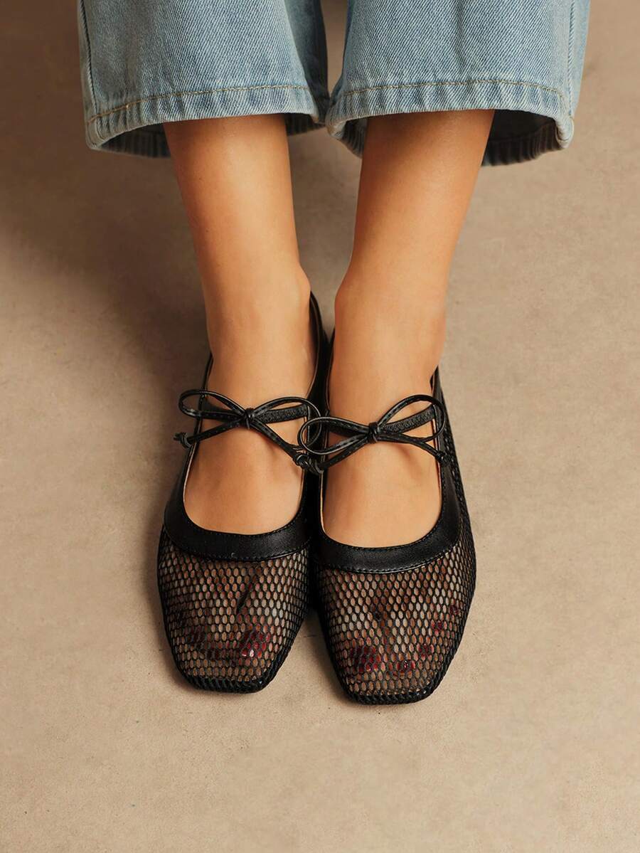 Nöista A Pair Of Fashionable Brown Flat Mesh Ballet Shoes, Featuring Breathable Mesh Design And Delicate Lace-Up Details, Creating A Modern Feminine Look. - Image 14