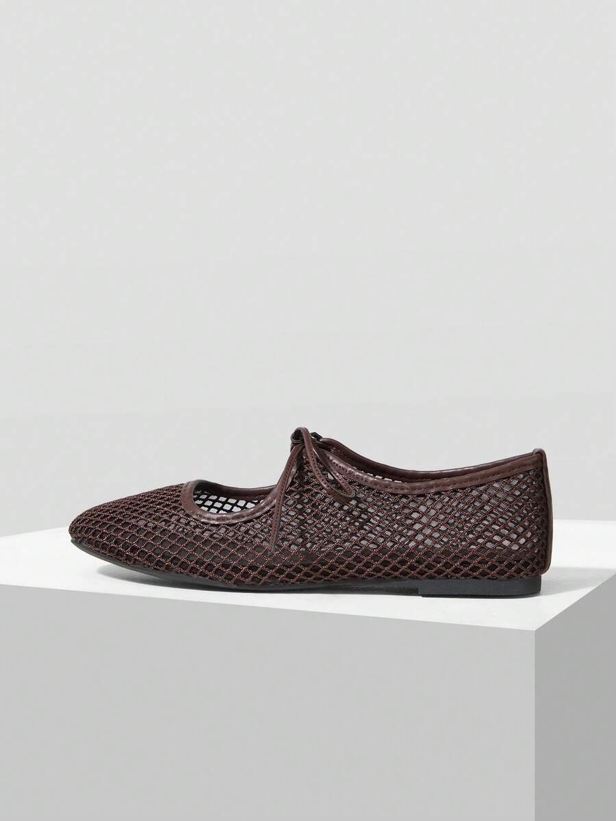 Nöista A Pair Of Fashionable Brown Flat Mesh Ballet Shoes, Featuring Breathable Mesh Design And Delicate Lace-Up Details, Creating A Modern Feminine Look. - Image 36
