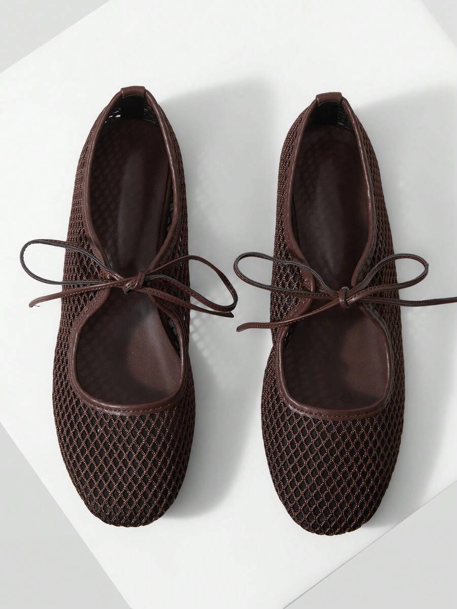 Nöista A Pair Of Fashionable Brown Flat Mesh Ballet Shoes, Featuring Breathable Mesh Design And Delicate Lace-Up Details, Creating A Modern Feminine Look. - Image 35