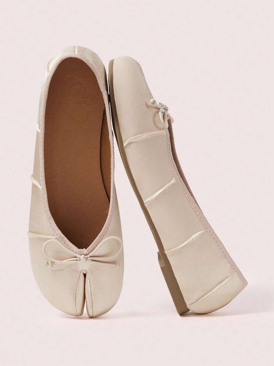 CUCCOO DOLLMOD Women's Champagne Satin Pleated Round Toe Split Toe Flats Classic Vintage Japanese Casual Cute Vacation Commute Shoes - Image 1
