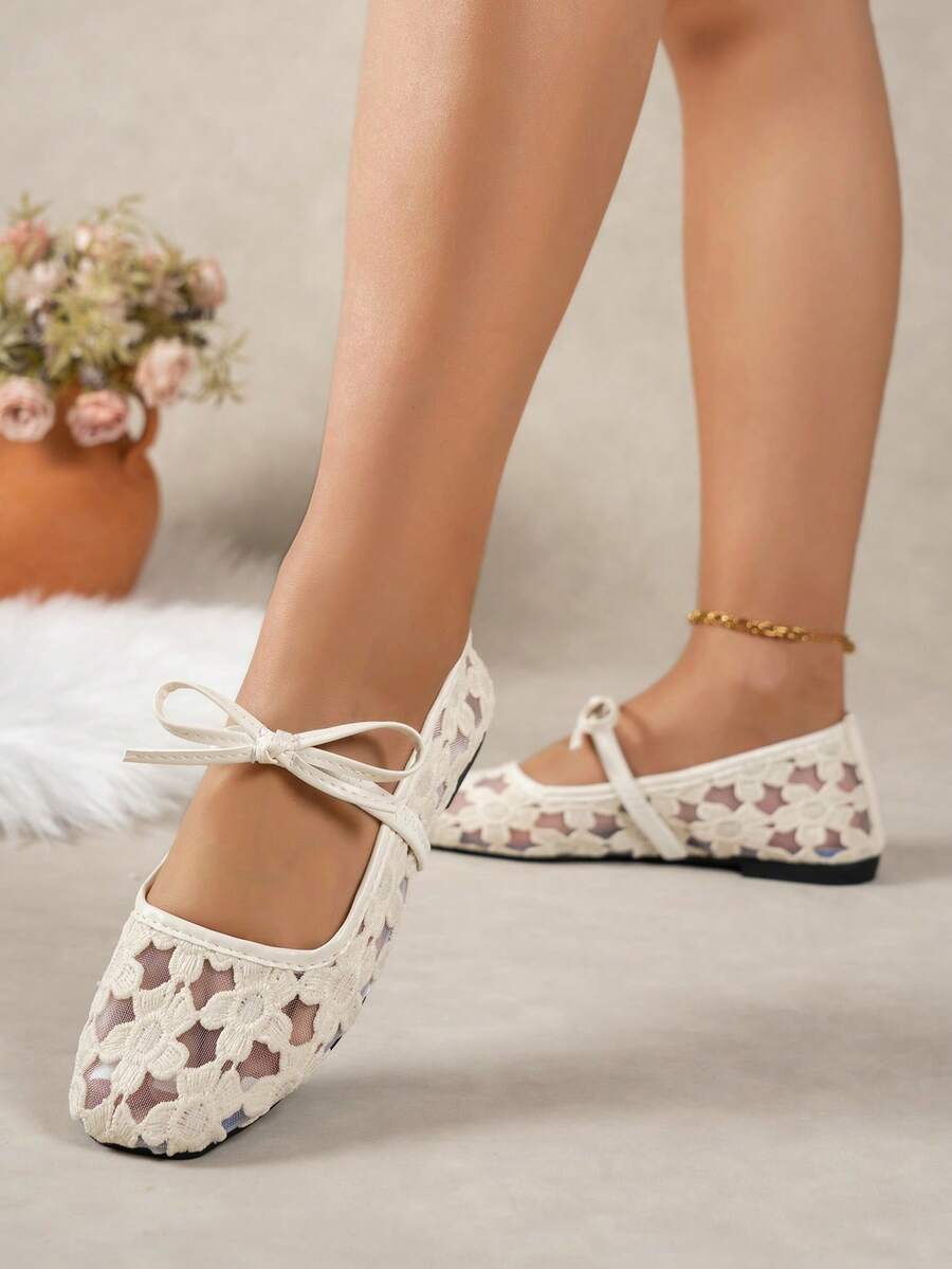 White Women Ballet Shoes With Bow Decor & Floral Embroidery, Black Breathable Hollow Mesh Summer Sandals, Square Toe Glitter Wide Fit Mary Jane Shoes - Image 2