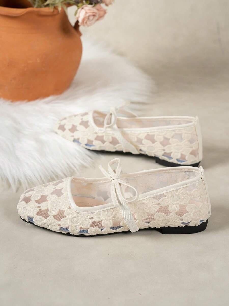 White Women Ballet Shoes With Bow Decor & Floral Embroidery, Black Breathable Hollow Mesh Summer Sandals, Square Toe Glitter Wide Fit Mary Jane Shoes - Image 5