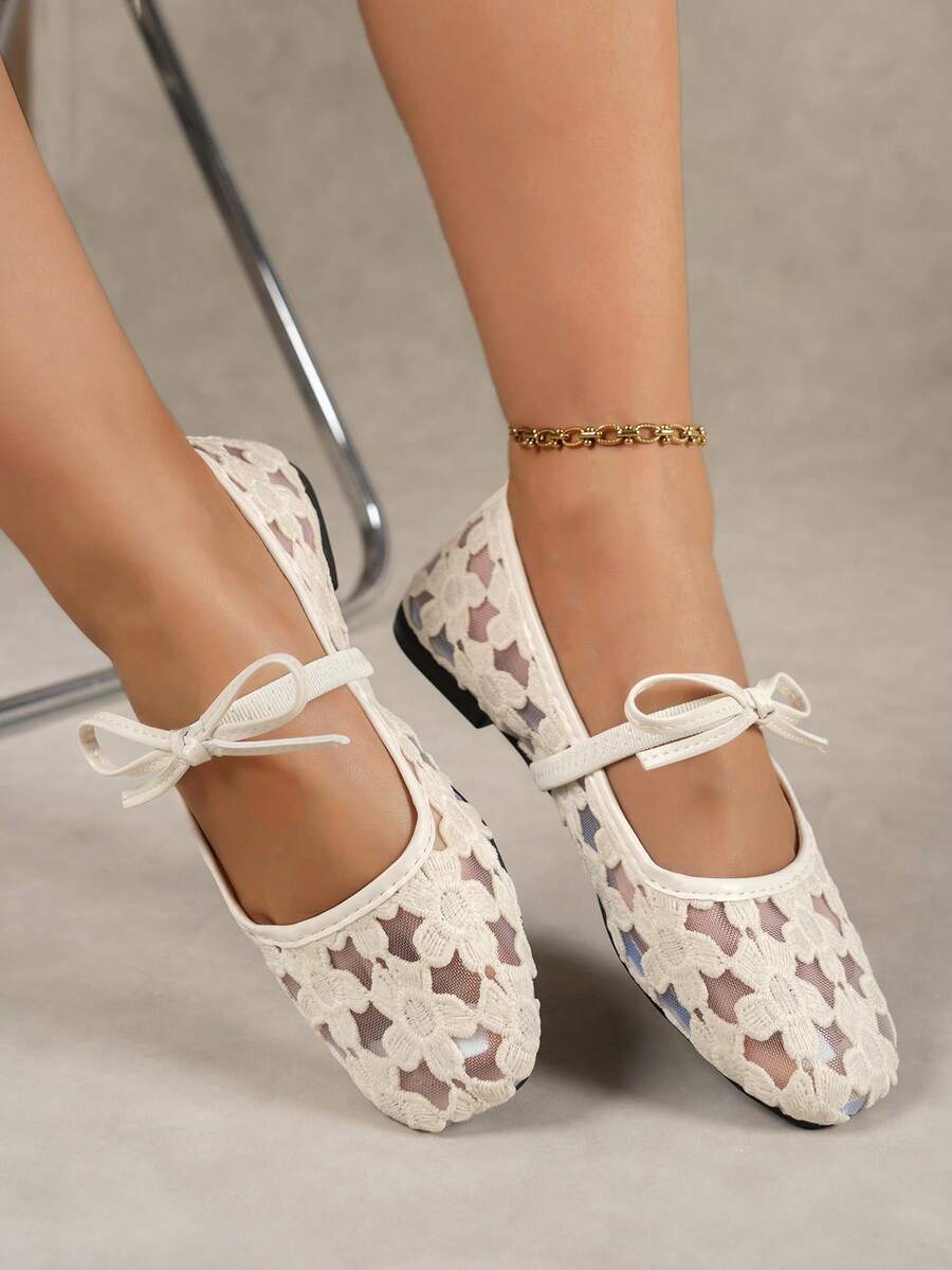 White Women Ballet Shoes With Bow Decor & Floral Embroidery, Black Breathable Hollow Mesh Summer Sandals, Square Toe Glitter Wide Fit Mary Jane Shoes - Image 3