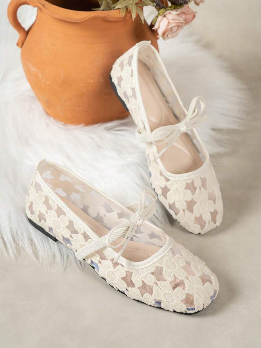 White Women Ballet Shoes With Bow Decor & Floral Embroidery, Black Breathable Hollow Mesh Summer Sandals, Square Toe Glitter Wide Fit Mary Jane Shoes - Image 4