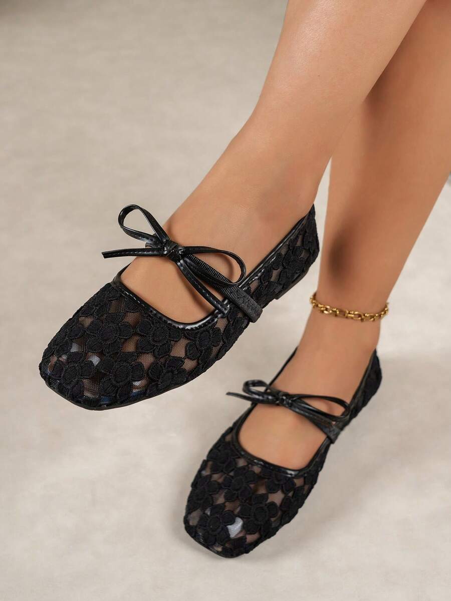 White Women's Flat Ballet Shoes With Bow Decor, Floral Embroidery, Summer; Black Breathable Hollow Mesh Sandals With Square Toe And Sequin Decor, Suitable For Wide Feet, Mary Jane Shoes - Image 2