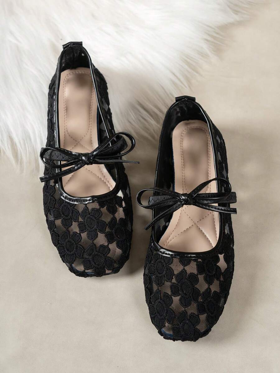 White Women's Flat Ballet Shoes With Bow Decor, Floral Embroidery, Summer; Black Breathable Hollow Mesh Sandals With Square Toe And Sequin Decor, Suitable For Wide Feet, Mary Jane Shoes - Image 4