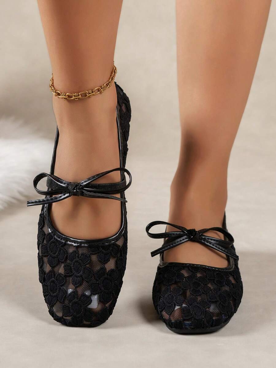 White Women's Flat Ballet Shoes With Bow Decor, Floral Embroidery, Summer; Black Breathable Hollow Mesh Sandals With Square Toe And Sequin Decor, Suitable For Wide Feet, Mary Jane Shoes - Image 3