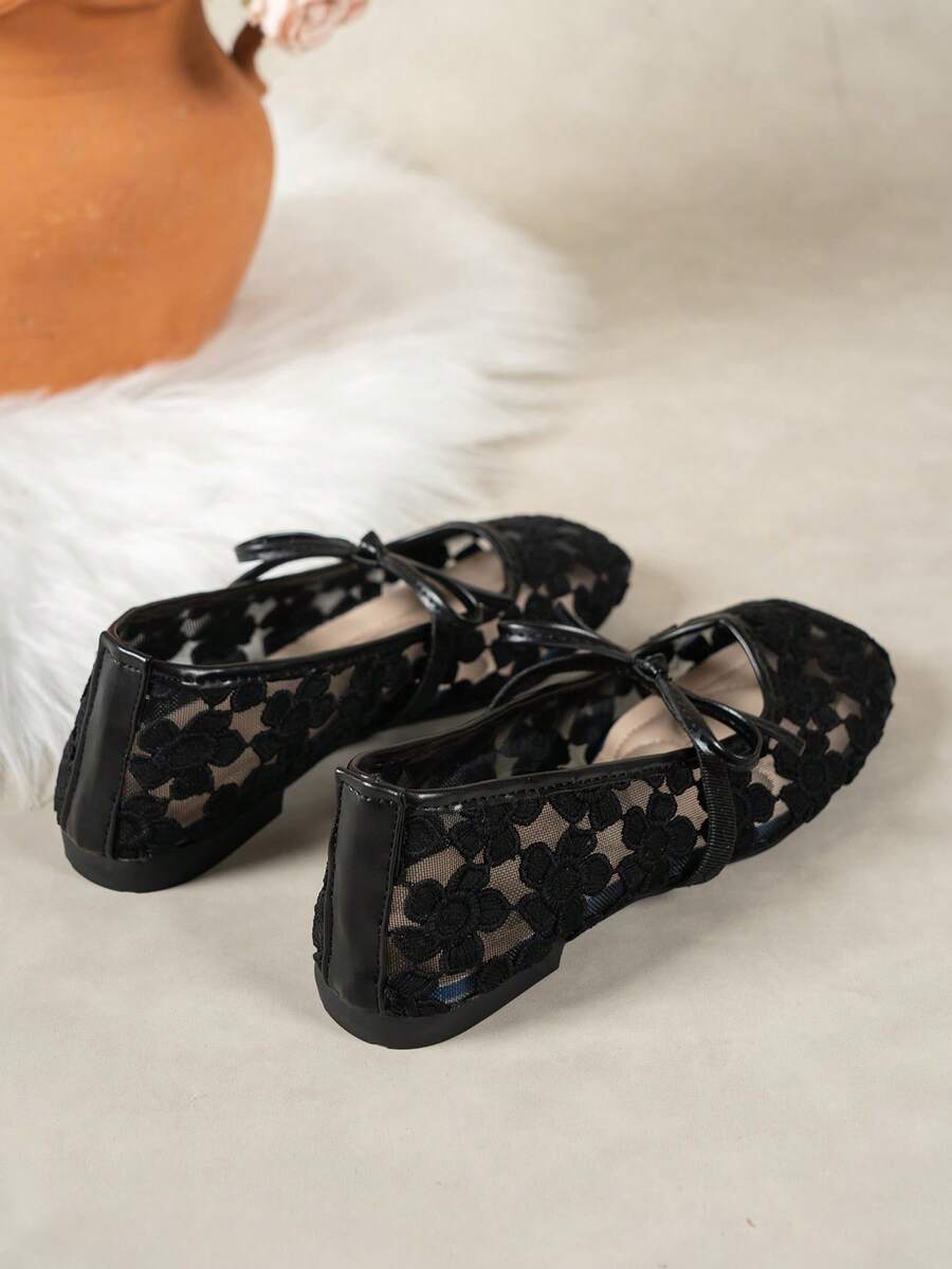 White Women's Flat Ballet Shoes With Bow Decor, Floral Embroidery, Summer; Black Breathable Hollow Mesh Sandals With Square Toe And Sequin Decor, Suitable For Wide Feet, Mary Jane Shoes - Image 5
