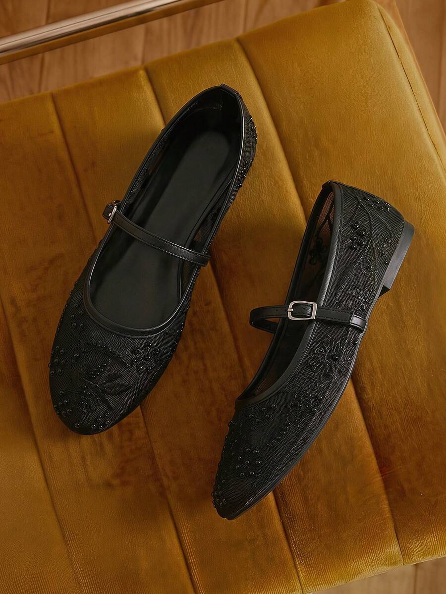 2025 Autumn Women's Round Toe Mesh Ballet Flats, Embroidered Floral & Pearl Decor Design, Elegant Minimalist Breathable Retro Mary Jane Slip-On Style - Image 16