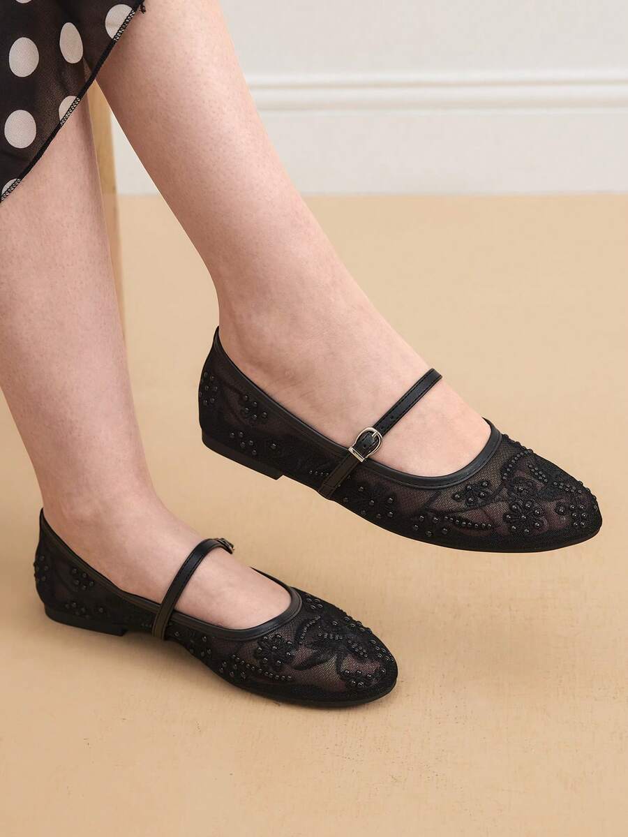 2025 Autumn Women's Round Toe Mesh Ballet Flats, Embroidered Floral & Pearl Decor Design, Elegant Minimalist Breathable Retro Mary Jane Slip-On Style - Image 17