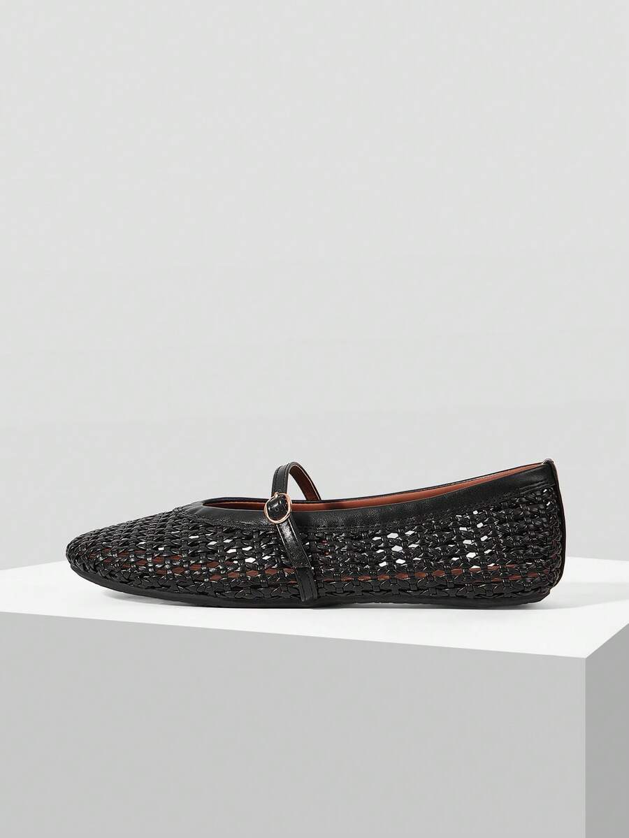 Mnmlis Ladies Spring And Summer New Round Toe Mary Jane Woven Hollow Breathable Comfortable Ballet Shoes Low Vamp Flat Sole Shoes - Image 5