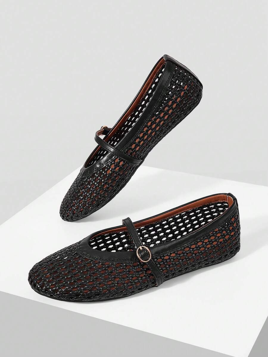Mnmlis Ladies Spring And Summer New Round Toe Mary Jane Woven Hollow Breathable Comfortable Ballet Shoes Low Vamp Flat Sole Shoes - Image 2