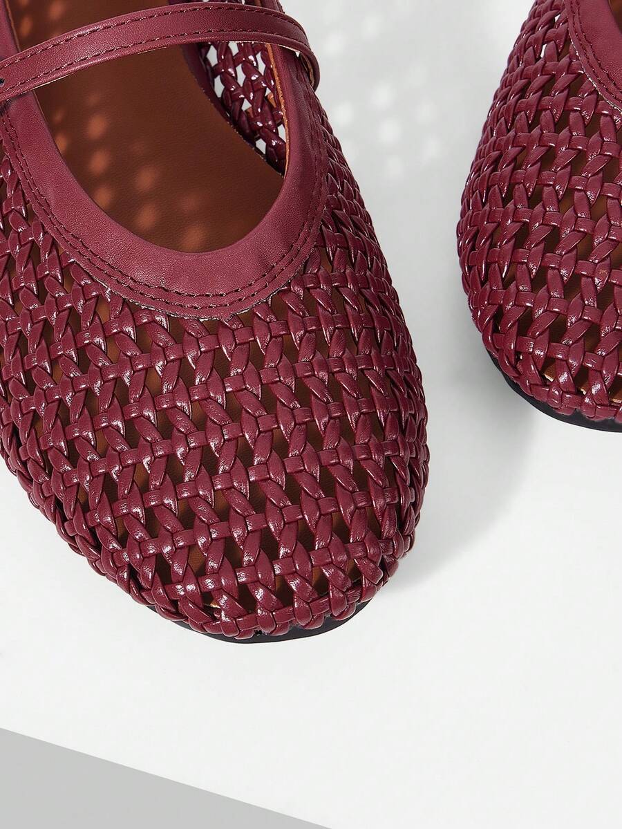 Mnmlis Women's Shoes Spring And Summer New Round Toe Mary Jane Woven Hollow Breathable Comfortable Ballet Shoes Low Vamp Flat Sole Shoes - Image 3